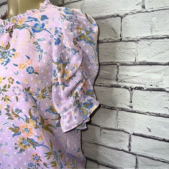Rachel Zoe Purple Floral Ruffle High Neck Dot Textured Blouse size M - Picture 4 of 7